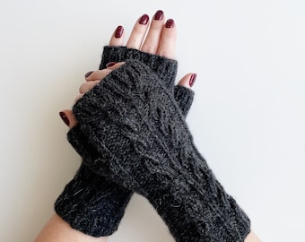 Gants sans doigts en tricot, mitaines grises, gants en tricot femmes, chauffe-mains tricotés à la main, manchettes tricotées, chauffe-poignets gris pour femmes, gants d'hiver