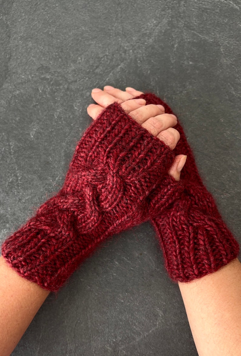 Knit fingerless gloves, red cable mitts, alpaca wool gloves, knitted handwarmers, handknit wristwarmers, softknitshome 画像 1