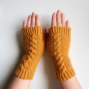 Knit fingerless gloves, knit yellow wool mitts, handknit yellow handwarmers, knitted armwarmers, women's knit wristwarmers, winter mitts image 2