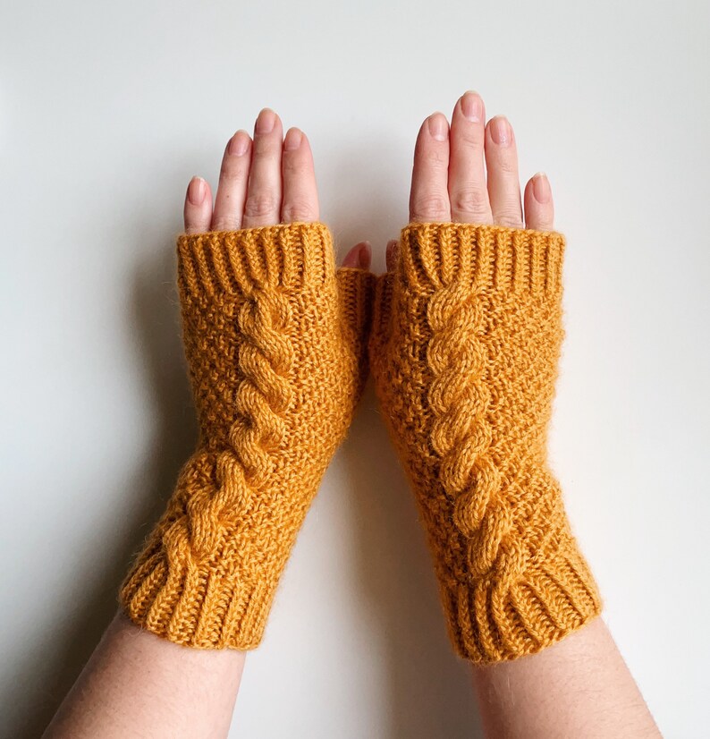 Knit fingerless gloves, knit yellow wool mitts, handknit yellow handwarmers, knitted armwarmers, women's knit wristwarmers, winter mitts image 2