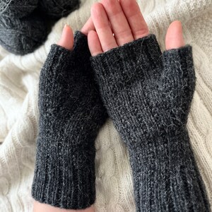 Knit fingerless gloves, grey alpaca wool handwarmers, handmade armwarmers, gray handknit winter mitts, softknitshome, knit wristwarmers image 2