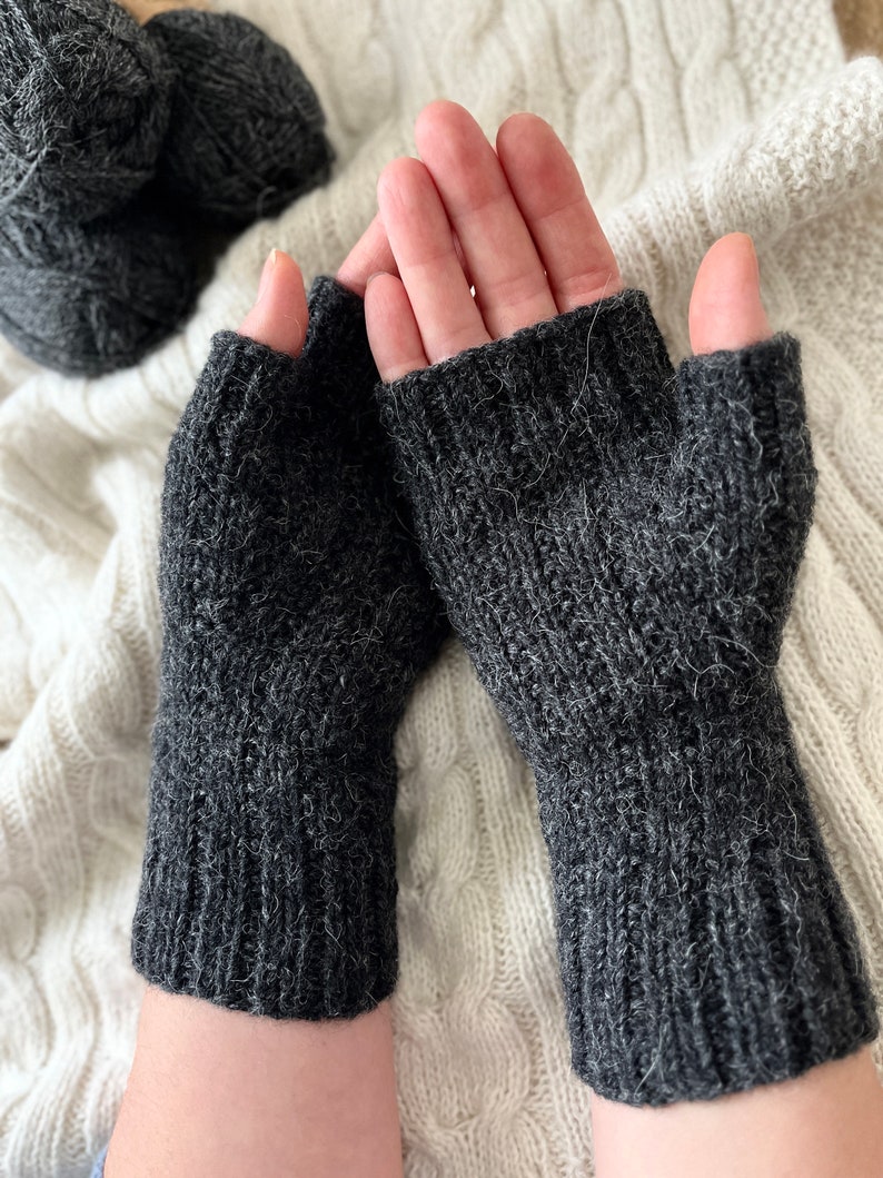 Knit fingerless gloves, grey alpaca wool handwarmers, handmade armwarmers, gray handknit winter mitts, softknitshome, knit wristwarmers image 2