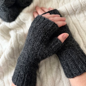 Knit fingerless gloves, grey alpaca wool handwarmers, handmade armwarmers, gray handknit winter mitts, softknitshome, knit wristwarmers image 5
