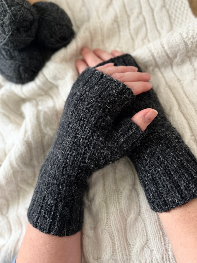 Knit fingerless gloves, grey alpaca wool handwarmers, handmade armwarmers, gray handknit winter mitts, softknitshome, knit wristwarmers image 5