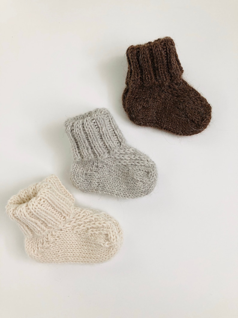 Knit baby socks, alpaca wool socks for kids, white and brown handknit baby socks, newborn boy and girl socks, pure wool baby showers gift image 1