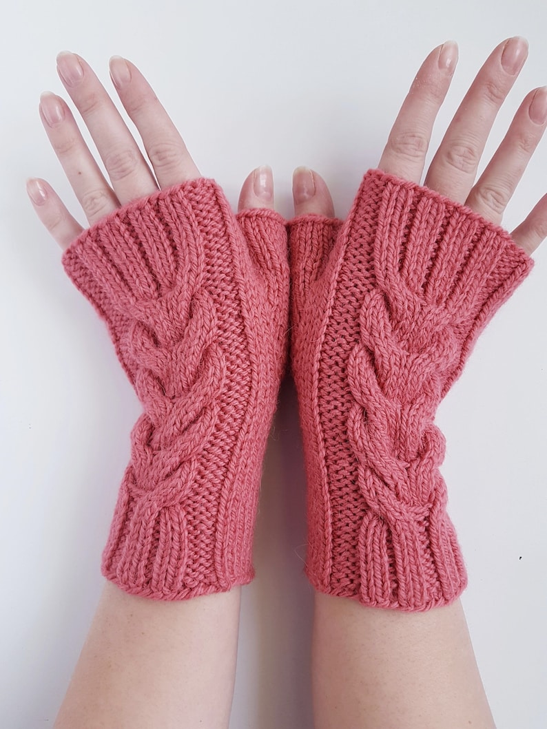 Knit fingerless gloves, knit wool mittens, alpaca and sheep wool gloves, knit cable mitts, softknitshome, gift for girlfriend, gift for mom image 2