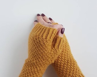 Handknit Merino Wool Fingerless Gloves - Autumn Yellow Mittens
