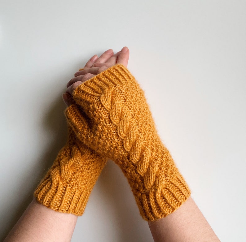 Knit fingerless gloves, knit yellow wool mitts, handknit yellow handwarmers, knitted armwarmers, women's knit wristwarmers, winter mitts image 3