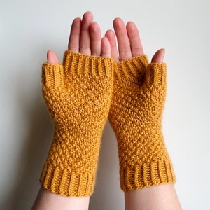 Knit fingerless gloves, knit yellow wool mitts, handknit yellow handwarmers, knitted armwarmers, women's knit wristwarmers, winter mitts image 4