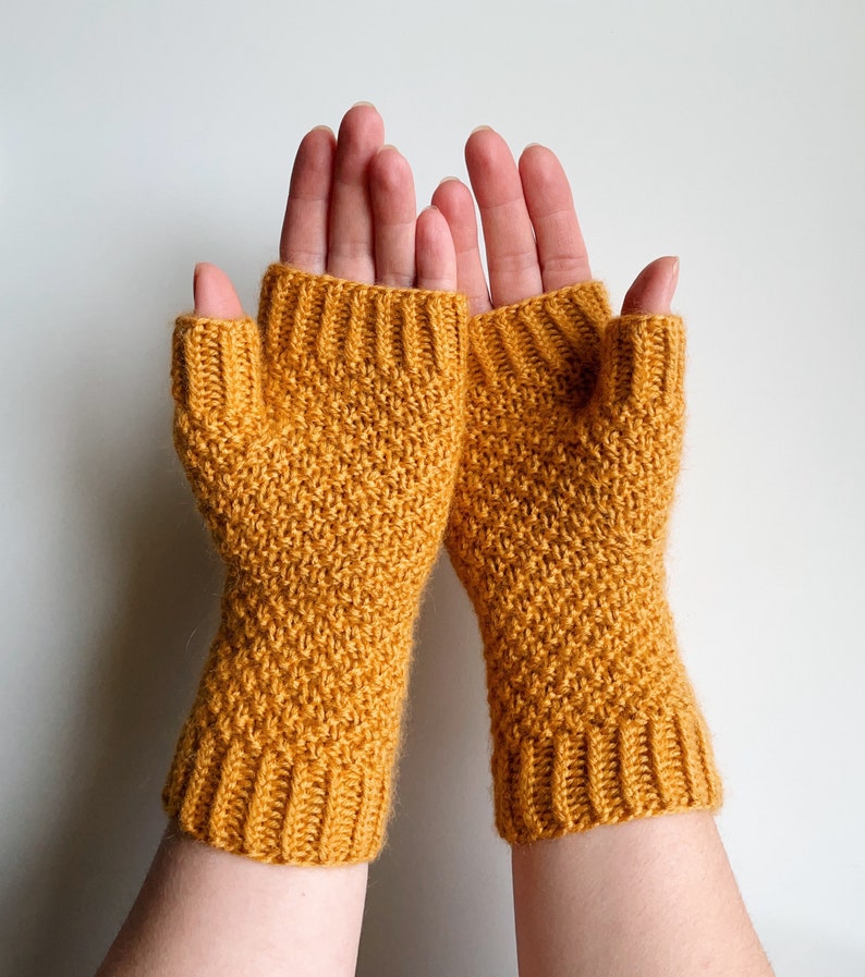 Knit fingerless gloves, knit yellow wool mitts, handknit yellow handwarmers, knitted armwarmers, women's knit wristwarmers, winter mitts image 4