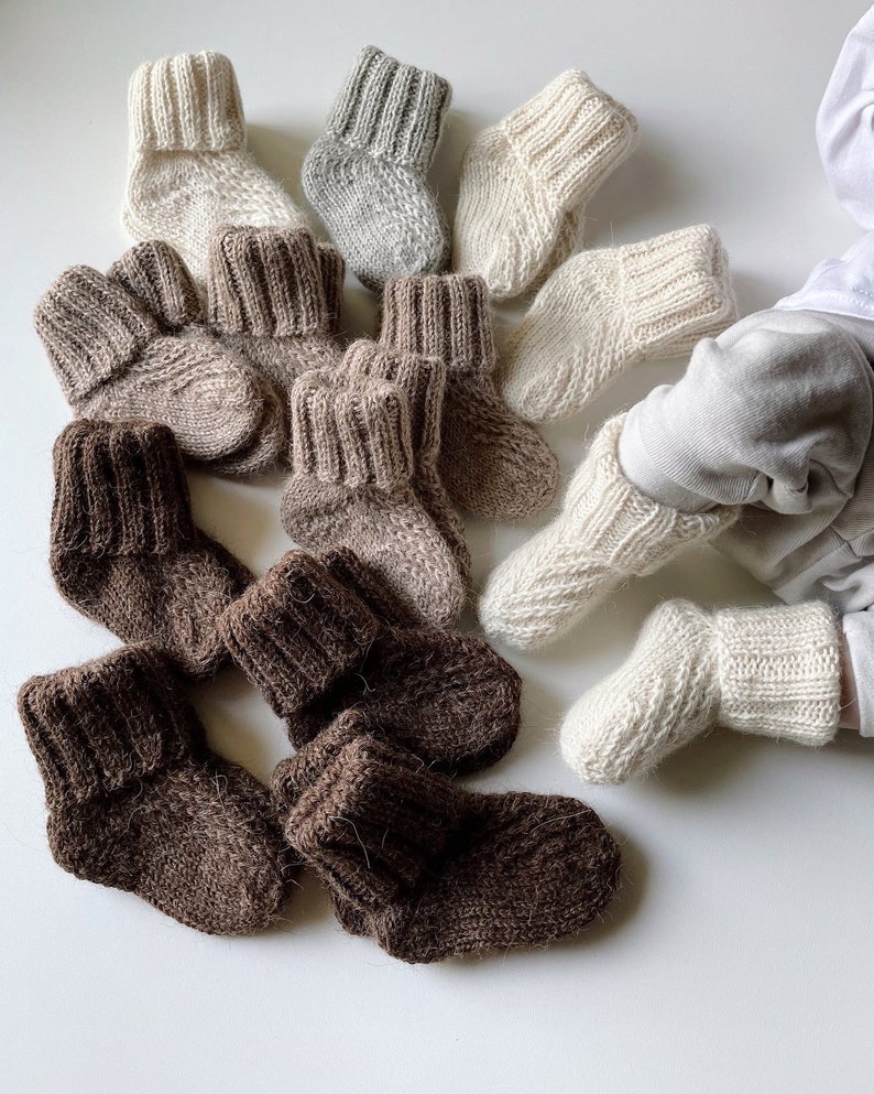 Knit baby socks, alpaca wool socks for kids, white and brown handknit baby socks, newborn boy and girl socks, pure wool baby showers gift image 4