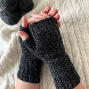 Knit fingerless gloves, grey alpaca wool handwarmers, handmade armwarmers, gray handknit winter mitts, softknitshome, knit wristwarmers image 1