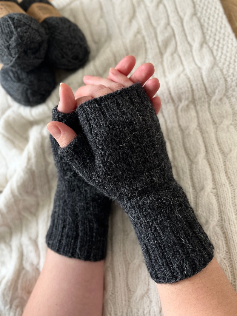 Knit fingerless gloves, grey alpaca wool handwarmers, handmade armwarmers, gray handknit winter mitts, softknitshome, knit wristwarmers image 1