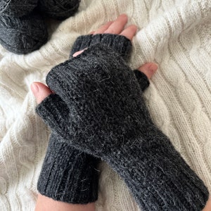 Knit fingerless gloves, grey alpaca wool handwarmers, handmade armwarmers, gray handknit winter mitts, softknitshome, knit wristwarmers image 4