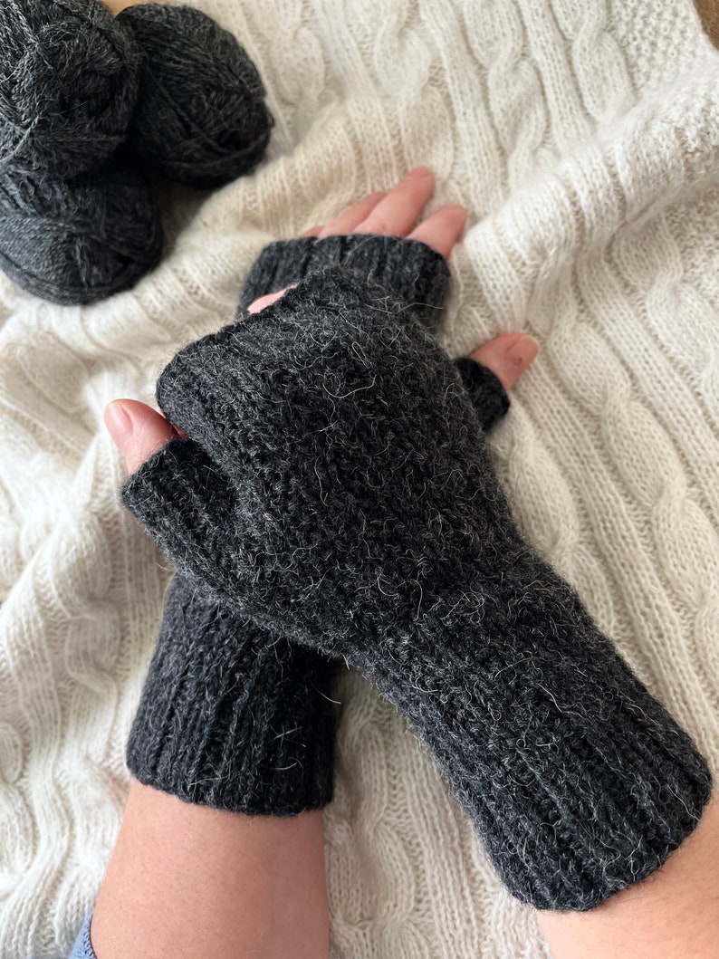 Knit fingerless gloves, grey alpaca wool handwarmers, handmade armwarmers, gray handknit winter mitts, softknitshome, knit wristwarmers image 4