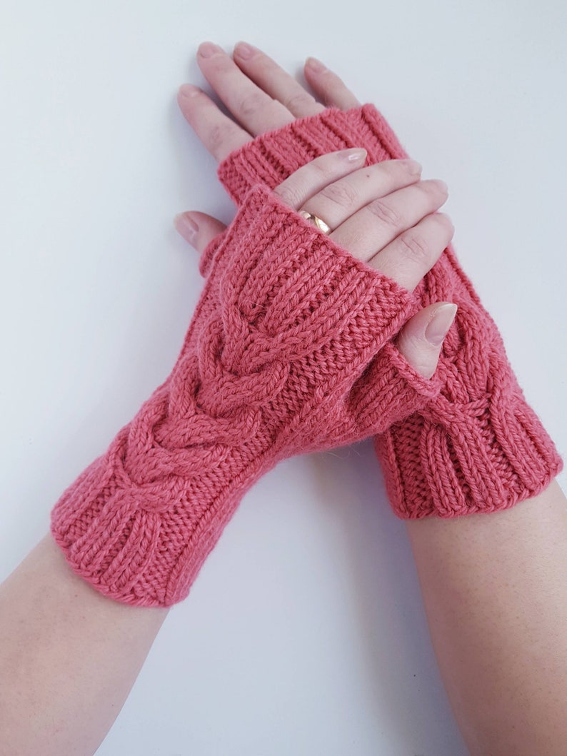 Knit fingerless gloves, knit wool mittens, alpaca and sheep wool gloves, knit cable mitts, softknitshome, gift for girlfriend, gift for mom image 1