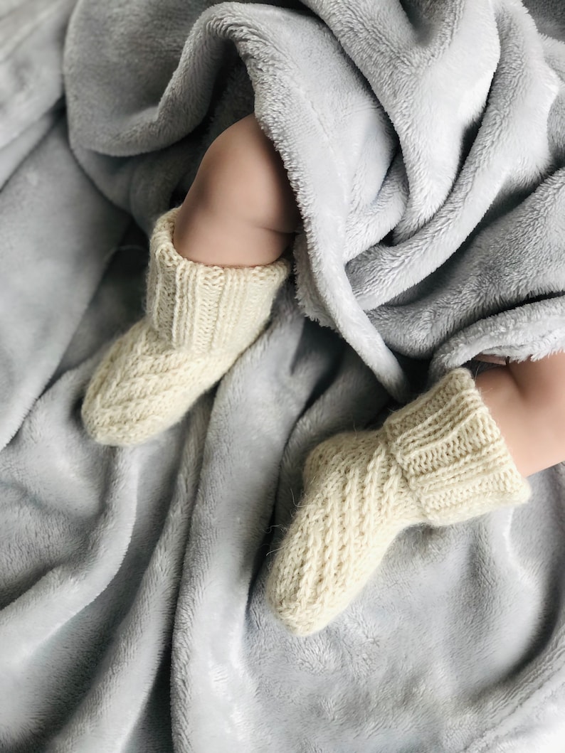 Knit baby socks, alpaca wool socks for kids, white and brown handknit baby socks, newborn boy and girl socks, pure wool baby showers gift image 2