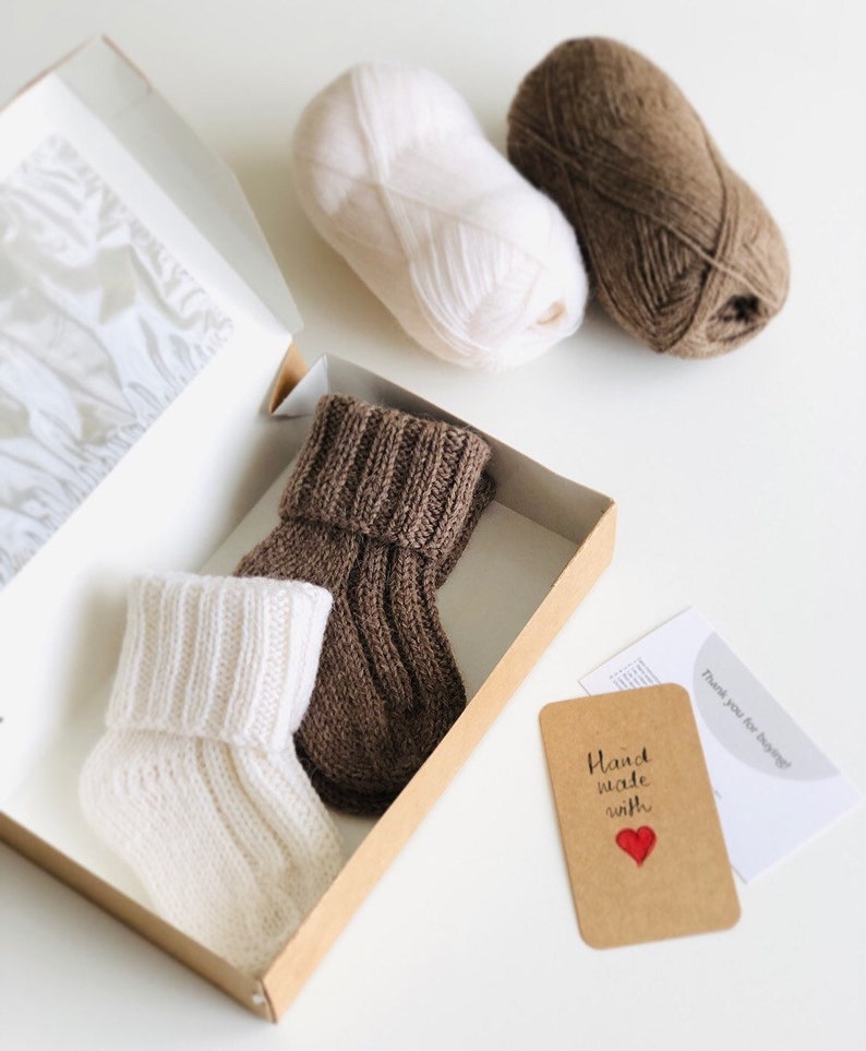 Knit white brown baby socks, wool kids socks, knitted boys girls unisex socks, winter socks for babies, infant socks, softknitshome image 4