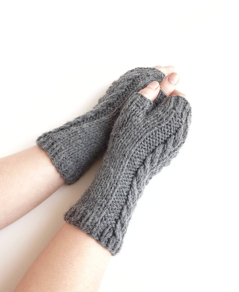 Grey fingerless gloves cable knit gray handwarmers knitted Etsy