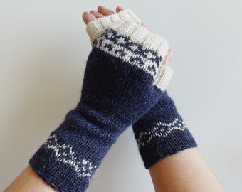 Mitaines en tricot, mitaines en tweed bleu, chauffe-mains, manchettes en tricot, mitaines, gants de printemps, gants d'automne, softknitshome