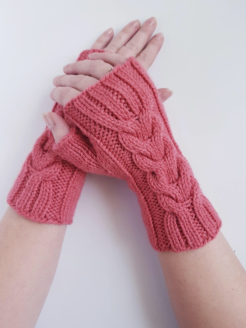 Knit fingerless gloves, knit wool mittens, alpaca and sheep wool gloves, knit cable mitts, softknitshome, gift for girlfriend, gift for mom image 4