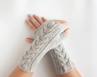 Knit fingerless mittens,  grey fingerless gloves, knitted hand warmers, handknit arm warmers, womens mitts, winter gloves, knit accessories