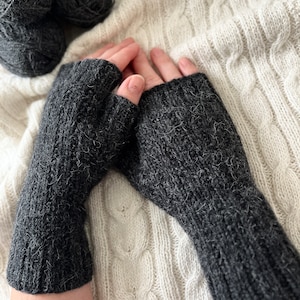 Knit fingerless gloves, grey alpaca wool handwarmers, handmade armwarmers, gray handknit winter mitts, softknitshome, knit wristwarmers image 6