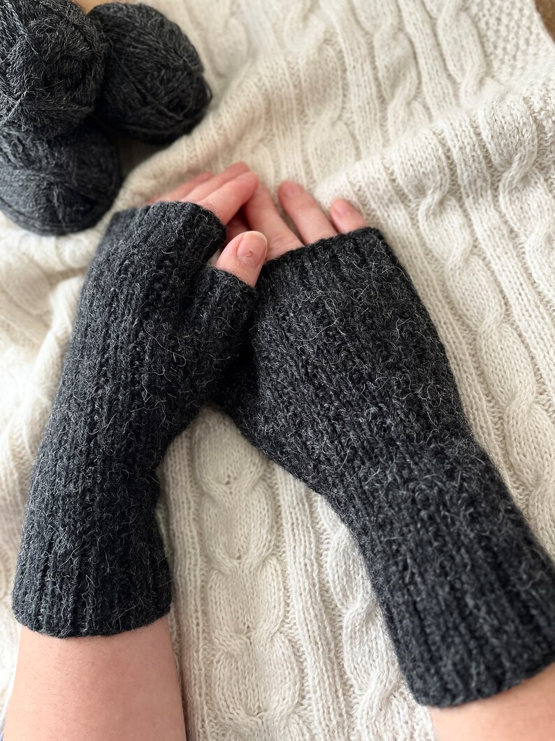 Knit fingerless gloves, grey alpaca wool handwarmers, handmade armwarmers, gray handknit winter mitts, softknitshome, knit wristwarmers image 6