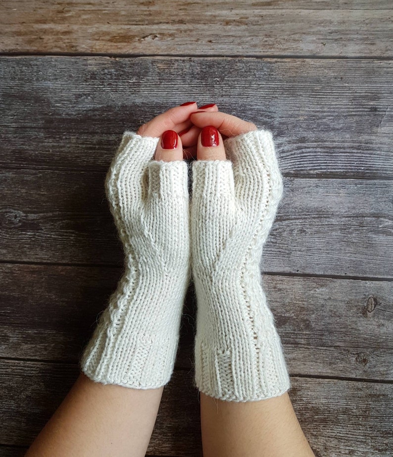 Knit fingerless gloves white cable knitted mitts handknit Etsy