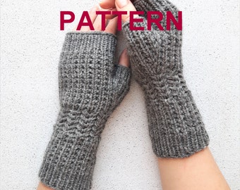 May include: Gray fingerless gloves with a knit pattern. The gloves are shown on a person's hands, with the word "PATTERN" written in red above the gloves.