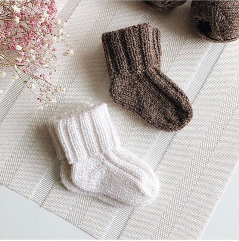 Knit white brown baby socks, wool kids socks, knitted boys girls unisex socks, winter socks for babies, infant socks, softknitshome image 1
