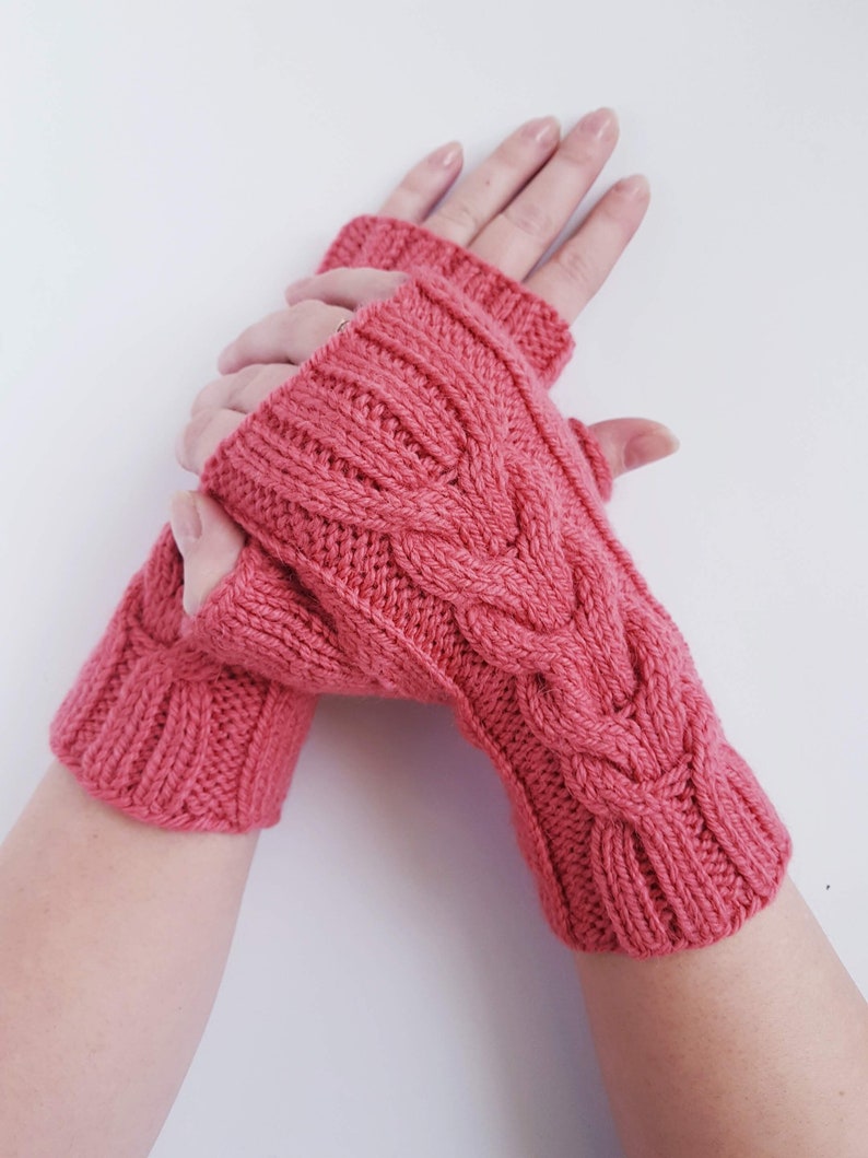 Knit fingerless gloves, knit wool mittens, alpaca and sheep wool gloves, knit cable mitts, softknitshome, gift for girlfriend, gift for mom image 6
