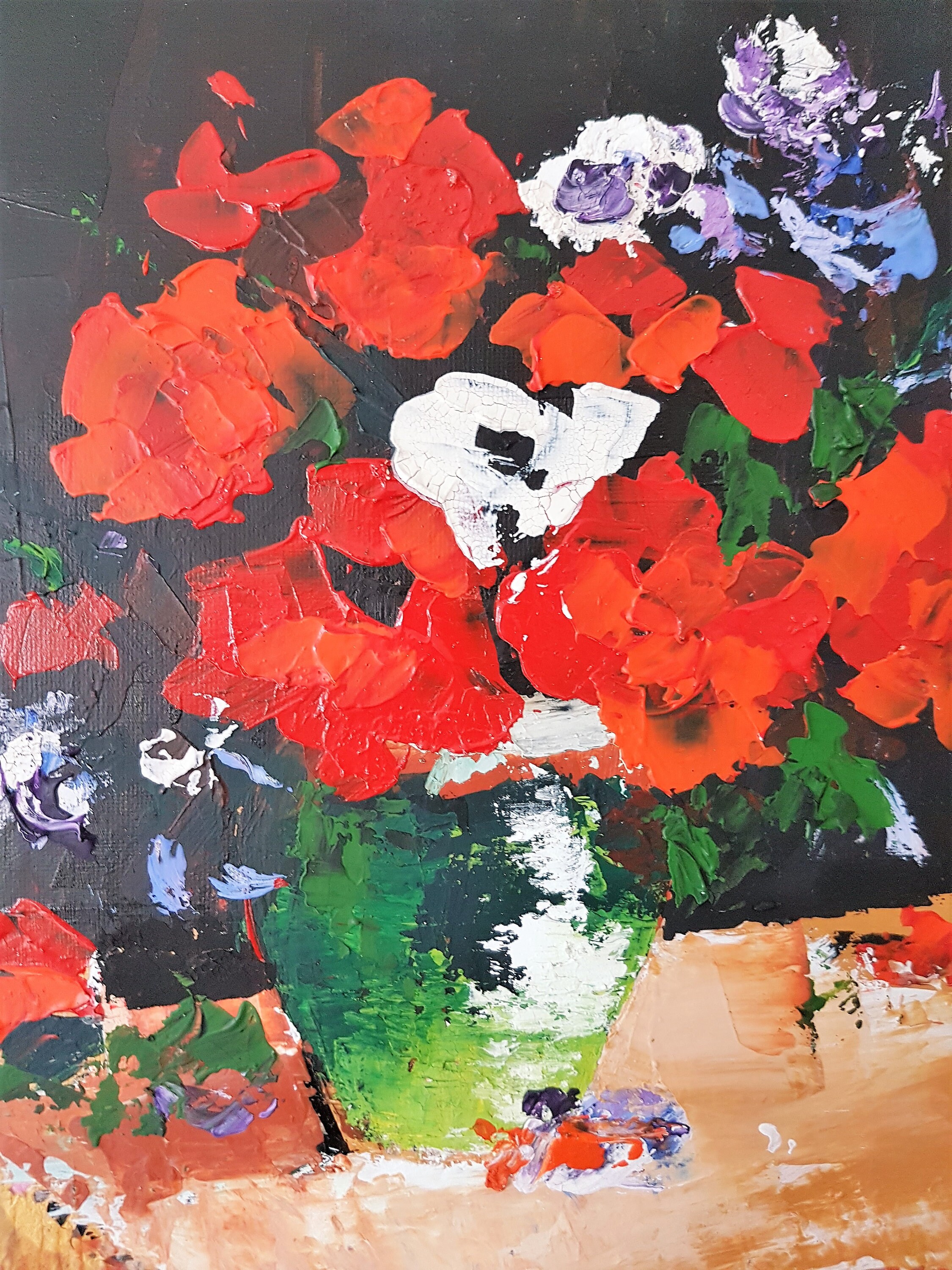 赤いアネモネの油絵：花の静物画、明暗法 - Etsy 日本