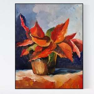 EN PROGRESO... Naturaleza muerta con planta roja, pintura al óleo de naturaleza muerta, decoración de arte de pared, arte de pintura de cartón moderno, minimalista contemporáneo