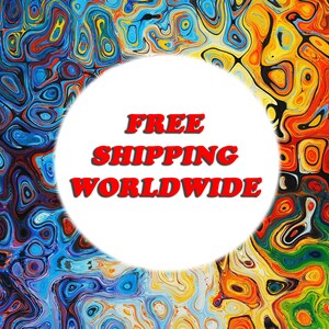May include: A white circle with the text "FREE SHIPPING WORLDWIDE" in red letters on a colorful abstract background.