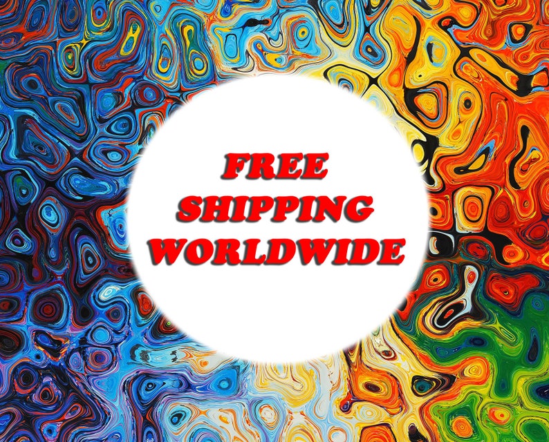 May include: A white circle with the text "FREE SHIPPING WORLDWIDE" in red letters on a colorful abstract background.