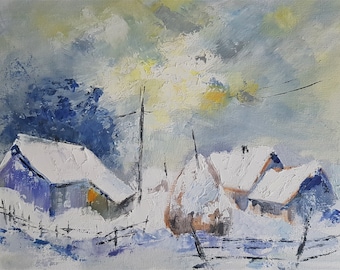 Transylvanian Winter Village Oil Painting: Handmade Rural Landscape Art