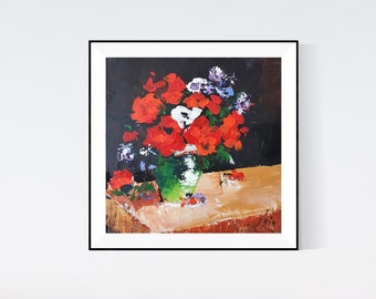 赤いアネモネの油絵：花の静物画、明暗法 - Etsy 日本