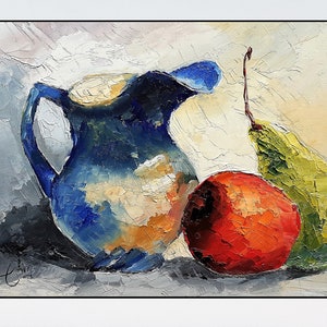 Manzana roja y taza, naturaleza muerta, pintura al óleo original, naturaleza muerta, decoración de arte de pared, pintura de cartón moderna, obra de arte minimalista contemporánea.