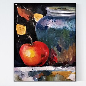 O reflexo da maçã, pintura a óleo original de natureza morta em papelão, decoração de arte de parede, pintura minimalista moderna, arte de parede contemporânea.