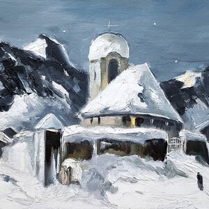 Noite estrelada, no Hermitage, inverno, pintura a óleo colorida da Transilvânia, arte de parede moderna, obra de arte única, pintura em tela grande