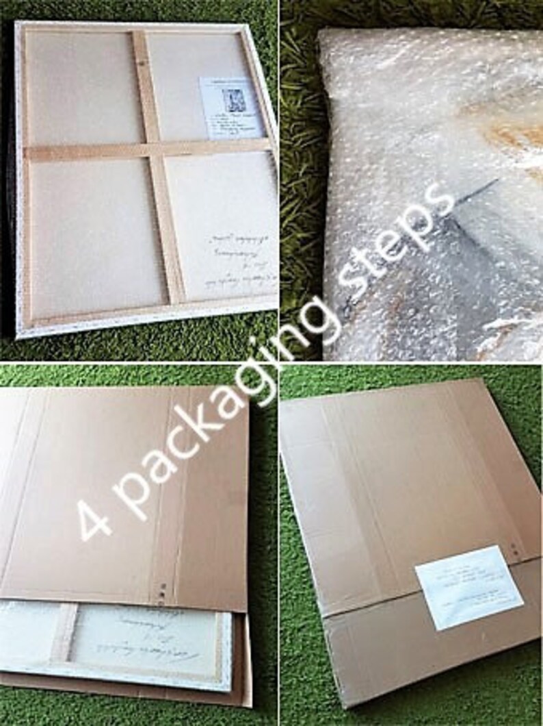 May include: Four steps of packaging a painting on canvas. The first step shows the canvas wrapped in bubble wrap. The second step shows the canvas in a cardboard box. The third step shows the box being taped shut. The fourth step shows the box ready to be shipped.