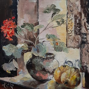 A la luz de la mañana, pintura al óleo original, arte de flores en las ventanas, pintura a mano, regalo para amigos, arte decorativo, arte de escenas de la naturaleza