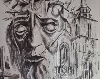 Meditation in the Black Church Unique Graphite Drawing on Canvas Original Art Wall Hanging Large Abstract Wall Hanging Dramatic Entrance