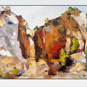 Pintura a óleo original do Great Canyon em tela de papelão Arte contemporânea Pinturas a óleo em cores quentes e frias de paisagens montanhosas