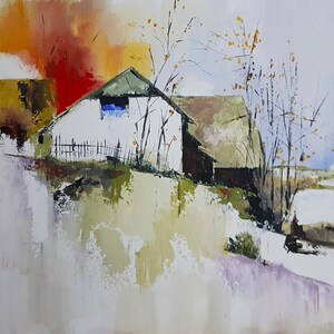 Paisagem rural de inverno com neve precoce - Pintura a óleo impasto original, paisagem de vila de neve, impressionismo, arte de parede de Constantin Conghilete