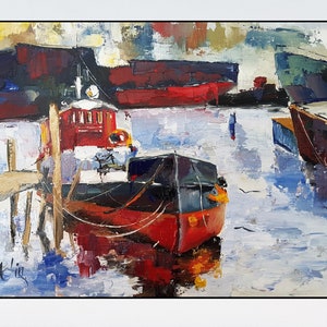 Harbour Pintura al óleo original sobre lienzo Cartón Escena marina Arte de la pared Grandes pinturas al óleo de paisajes marinos para la pared de la sala de estar Art Deco Art
