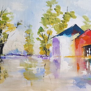 Manhã no lago, grande arte em papelão a óleo, decoração de parede exclusiva, pintura contemporânea, arte de parede colorida, presente decorativo, decoração de sala de estar