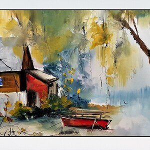 Casa à Beira do Lago, Pintura a Óleo de Paisagem Rural da Transilvânia, Decoração de Parede, Arte Minimalista em Papelão, Obra de Arte Contemporânea.
