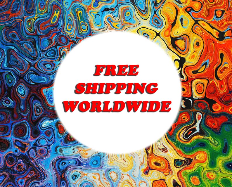 May include: Abstract colorful background with a white circle in the center. The circle contains the text "FREE SHIPPING WORLDWIDE" in red.